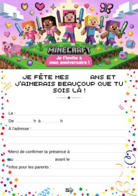 Invitation anniversaire Minecraft avec des personnages du jeu, se tenant sur une pelouse verdoyante, entourés d'outils et de blocs.