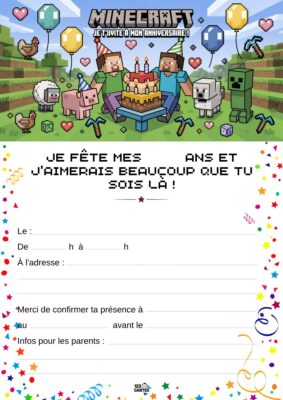 Invitation d'anniversaire Minecraft avec personnages emblématiques et un gâteau sur une table, entourés de ballons et de confettis.