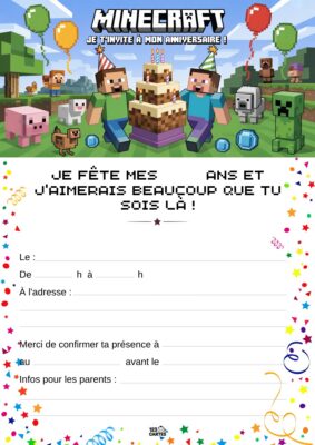 Invitation d'anniversaire Minecraft avec personnages du jeu, gâteau, ballons et animaux, invitant à célébrer un moment festif.