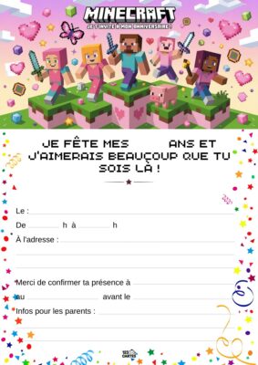 Invitation anniversaire Minecraft avec des personnages du jeu, armés et sur un terrain de blocs, entourés de cœurs et étoiles.