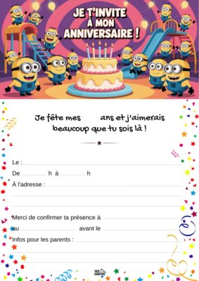 Invitation d'anniversaire avec plusieurs Minions joyeux autour d'un gâteau décoré, et des balançoires en arrière-plan.