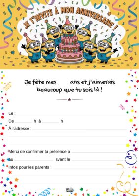 Invitation d'anniversaire avec des Minions joyeux entourant un gâteau d'anniversaire. Des confettis et serpentins ajoutent une touche festive.