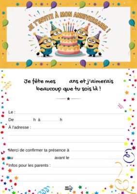 Invitation d'anniversaire avec des Minions joyeux entourant un gâteau à plusieurs étages, des ballons et des confettis.