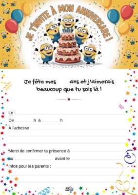 Invitation d'anniversaire avec des Minions joyeux autour d'un gâteau à étages, décorée de ballons et de confettis festifs.