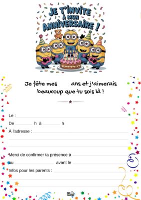 Invitation d'anniversaire avec des Minions joyeux entourant un gâteau d'anniversaire. Texte en haut invite à célébrer l'événement.