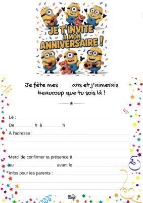 Invitation d'anniversaire avec trois Minions souriants tenant des ballons, entourés de confettis et d'étoiles.