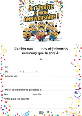 Invitation d'anniversaire avec des Minions souriants en arrière-plan, entourés de confettis et de ballons, exprimant la joie festive.