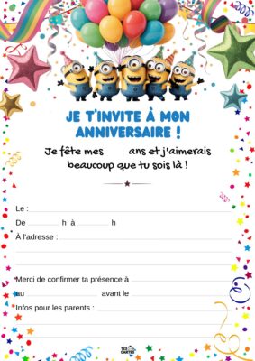 Invitation d'anniversaire avec des Minions souriants et des ballons, entourée d'étoiles et de confettis, pour une fête joyeuse.