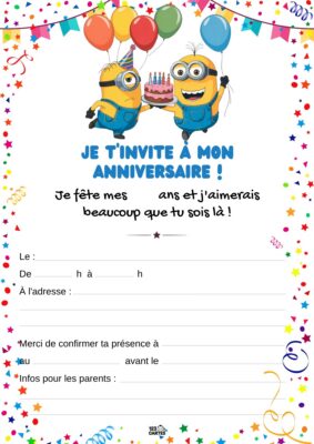 Invitation d'anniversaire avec deux Minions joyeux tenant un gâteau avec des bougies, entourés de ballons et confettis.
