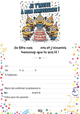 Invitation d'anniversaire avec quatre Minions joyeux entourant un gâteau, décorée de confettis et de serpentin festif.