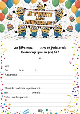 Invitation anniversaire avec des Minions à l'image joyeuse, entourée de ballons et de confettis.