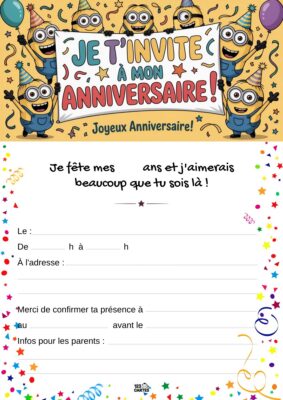 Invitation anniversaire avec des Minions amusants en arrière-plan, portant des chapeaux de fête et entourés de confettis.
