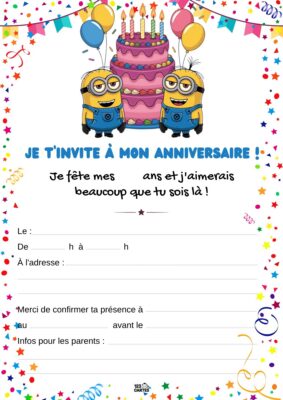 Invitation d'anniversaire avec deux Minions joyeux, entourés de ballons et d'un gâteau à plusieurs niveaux décoré de bougies.