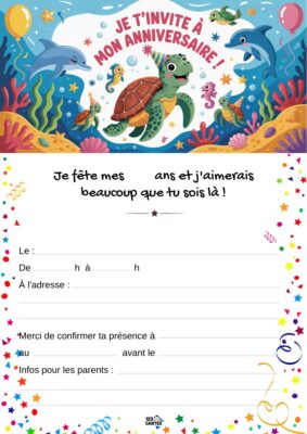 Invitation d'anniversaire avec une tortue joyeuse, des dauphins et un fond sous-marin, entourée de ballons et d'étoiles.