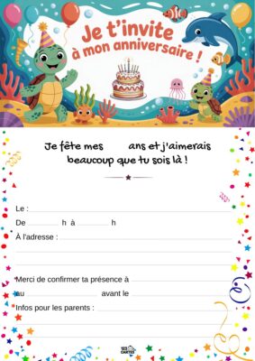 Invitation d'anniversaire avec un gâteau, des ballons et des animaux marins joyeux : une tortue, un dauphin et un poisson souriant.