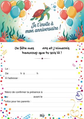 Invitation d'anniversaire avec une tortue nageant parmi des bulles et des ballons, entourée de confettis festifs.