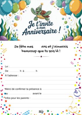 Invitation anniversaire avec une tortue souriante portant un chapeau de fête, entourée de ballons et d'éléments festifs.