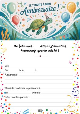 Invitation anniversaire avec une tortue nageant sous l'eau, entourée de ballons et d'étoiles, annonçant la célébration.