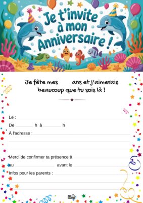 Invitation d'anniversaire avec des dauphins et des poissons sous-marins, entourés de bulles, sur un fond marin joyeux.