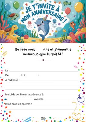 Illustration d'un océan animé avec un dauphin souriant et des créatures marines, entouré de ballons et de coraux. Invitation festive.