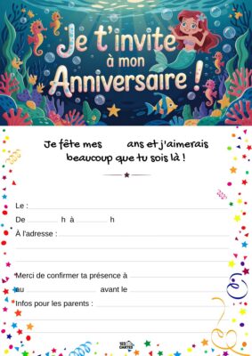 Invitation anniversaire avec une sirène souriante au milieu de poissons, de coraux et d'éléments marins, créant une ambiance festive.