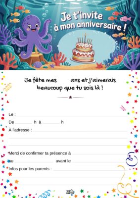 Invitation d'anniversaire avec un octopus souriant et un gâteau sur un fond marin, entouré de coraux et d'étoiles.