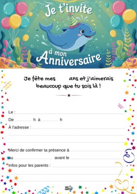 Illustration d'un dauphin souriant entouré de ballons et de confettis, invitant à célébrer un anniversaire joyeux et festif.