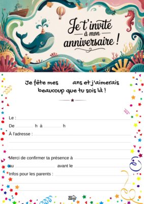 Invitation anniversaire avec une baleine joyeuse, des ballons en l'air et des étoiles décoratives au bas. Texte : Je t'invite à mon anniversaire !