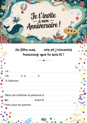 Invitation d'anniversaire avec des baleines et un bateau dans un décor marin, entourée d'étoiles et de confettis festifs.