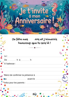 Invitation d'anniversaire avec des poissons, un hippocampe et des coraux en fond, entourée de petites étoiles multiformes.