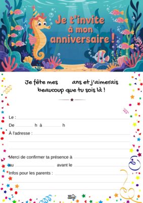 Illustration d'un hippocampe souriant au milieu de plantes marines et de petits poissons, avec des étoiles autour du texte d'invitation à un anniversaire.