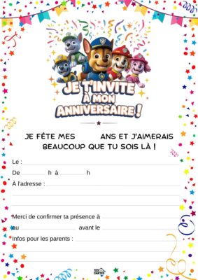 Invitation d'anniversaire avec des personnages de Pat'Patrouille : un chiot en uniforme et plusieurs amis souriants.