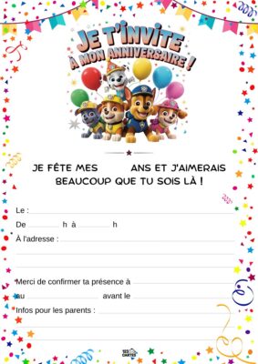 Invitation d'anniversaire avec des personnages de Pat'Patrouille, des ballons et des confettis.