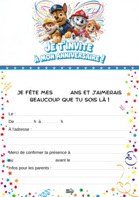 Invitation d'anniversaire avec les personnages de Pat'Patrouille, entourés de confettis et de motifs festifs.