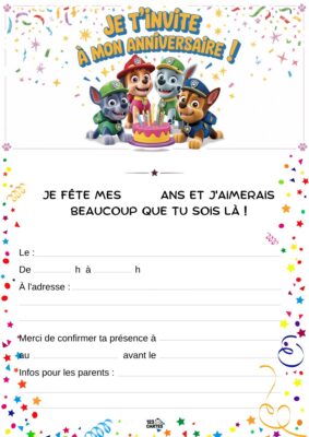Invitation d'anniversaire avec les personnages de Pat'Patrouille autour d'un gâteau décoré de bougies, entourés d'étoiles et de confettis.