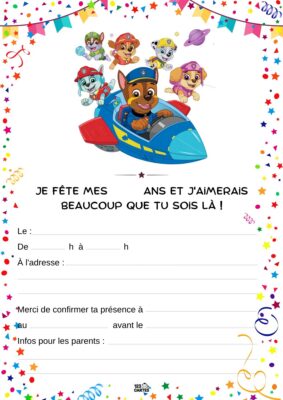 Invitation d'anniversaire mettant en scène un chiot pilote avec son avion, entouré de ses amis Pat'Patrouille joyeux.