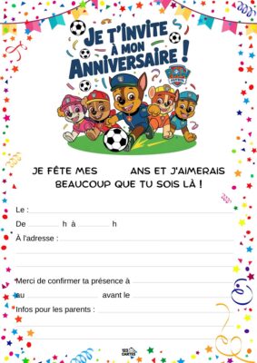 Invitation d'anniversaire avec les personnages de Pat'Patrouille, entourés de ballons et de confettis, sur un thème sportif.