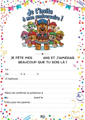 Invitation d'anniversaire avec les personnages de Pat'Patrouille, dont un chien en uniforme, entouré de ses amis enjoués.