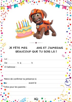 Invitation d'anniversaire avec un chiot de la Pat'Patrouille devant un gâteau d'anniversaire et des bougies, entouré de confettis.
