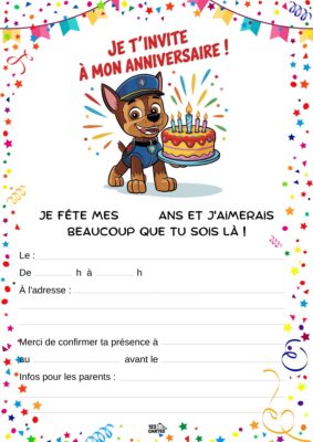 Invitation d'anniversaire avec un chiot policier souriant, un gâteau d'anniversaire devant lui, entouré de confettis colorés.