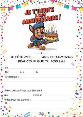 Invitation d'anniversaire avec un chien de la Pat'Patrouille, tenant un gâteau à bougies entouré de confettis festifs.
