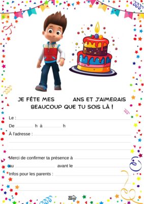 Invitation anniversaire Pat'Patrouille avec un garçon en uniforme et un gâteau chargé de bougies, bordée de confettis.