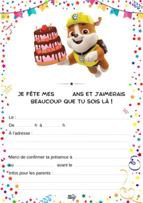 Invitation anniversaire avec un personnage de Pat'Patrouille tenant un gâteau d'anniversaire. Des confettis et des motifs festifs ornent le fond.