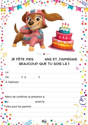 Invitation d'anniversaire avec Skye de Pat'Patrouille, un chiot en tenue rose, à côté d'un gâteau festif. Décorations autour.