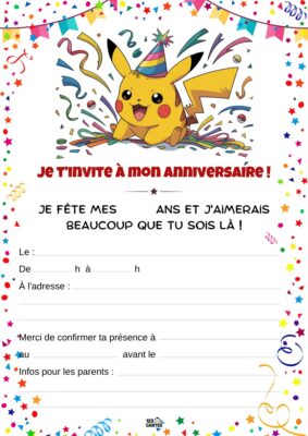 Invitation d'anniversaire avec Pikachu portant un chapeau de fête, entouré d'étoiles et de confettis.