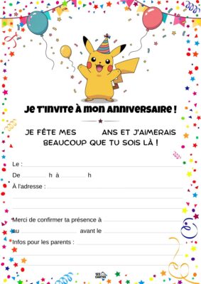 Invitation d'anniversaire avec Pikachu, un Pokémon jaune joyeux portant un chapeau de fête, entouré de ballons et d'étoiles.