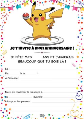 Invitation d'anniversaire avec Pikachu, personnage joyeux tenant une pokéball, entouré de confettis et de motifs festifs.