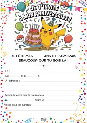 Invitation d'anniversaire avec Pikachu souriant tenant un gâteau à étages, entouré de ballons et de symboles Pokémon festifs.