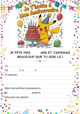 Invitation anniversaire avec Pikachu joyeux tenant un gâteau à plusieurs étages, entouré de confettis et de ballons festifs.