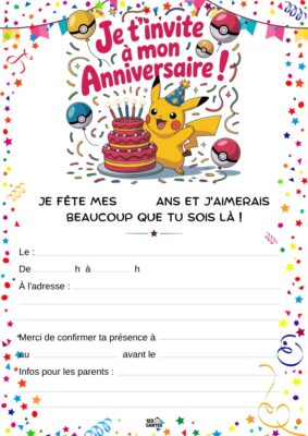 Invitation d'anniversaire avec Pikachu souriant devant un gâteau. Des Pokéballs et des confettis décorent le fond festif.
